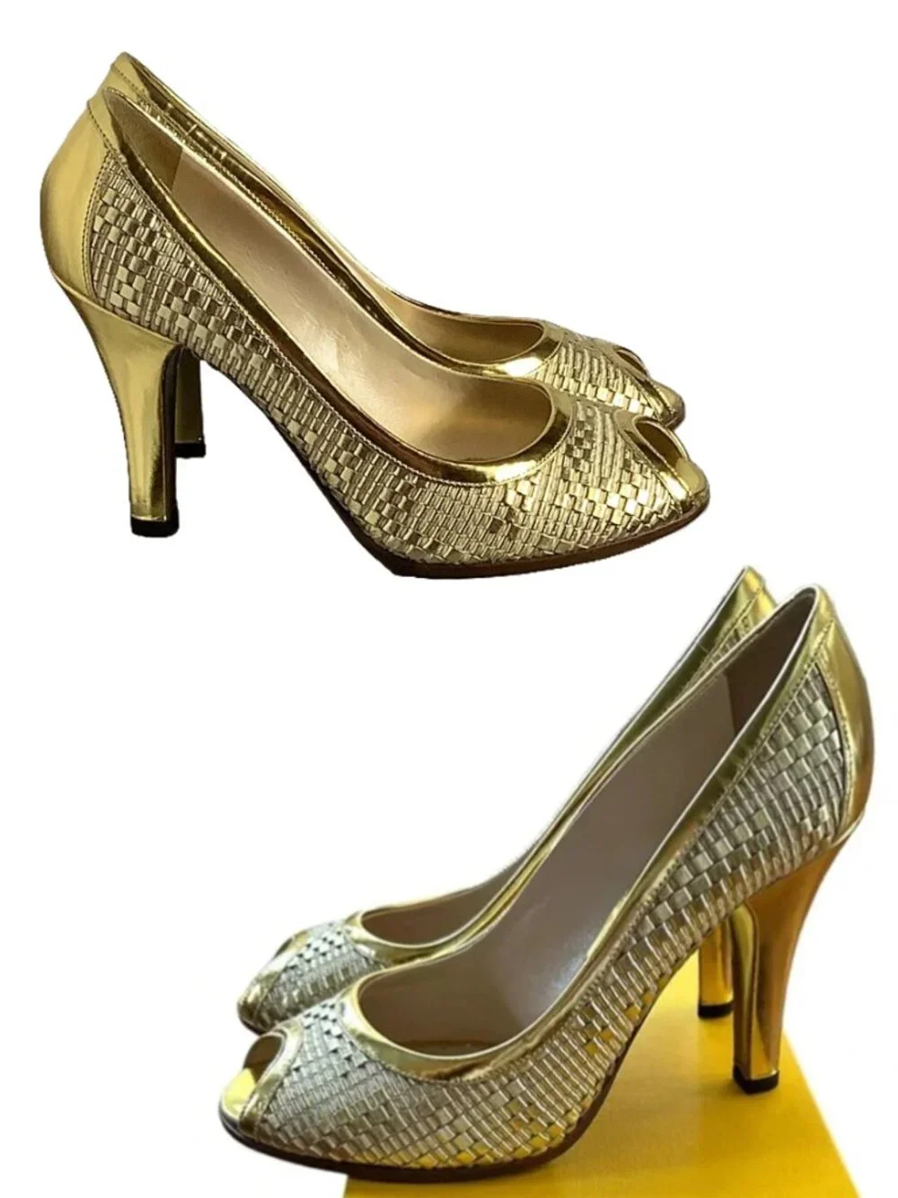FENDI Spuntata Intreccio Oro / Gold Woven Leather Peep Toe Pump